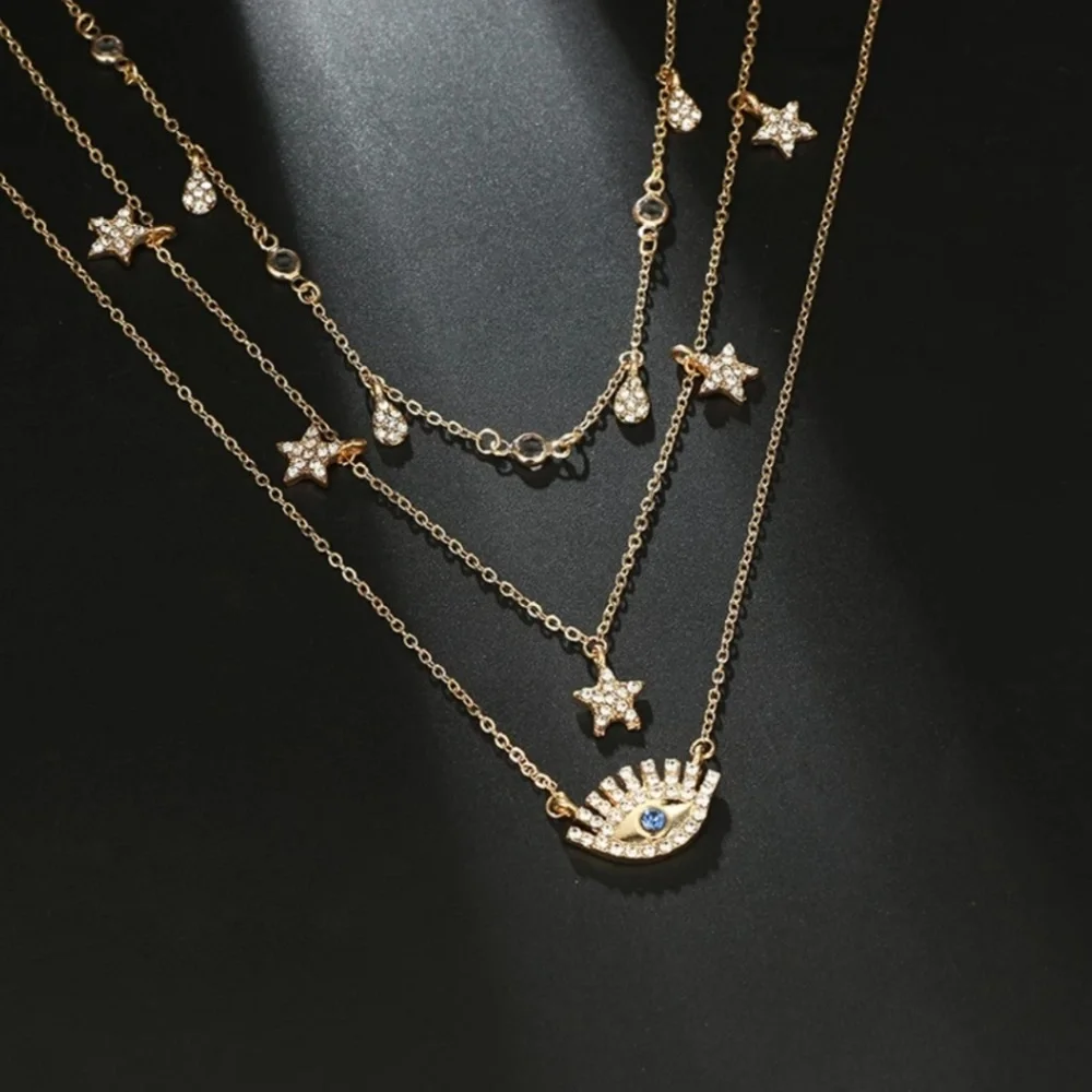 Gold Rhinestone Evil Eye Chain Necklace